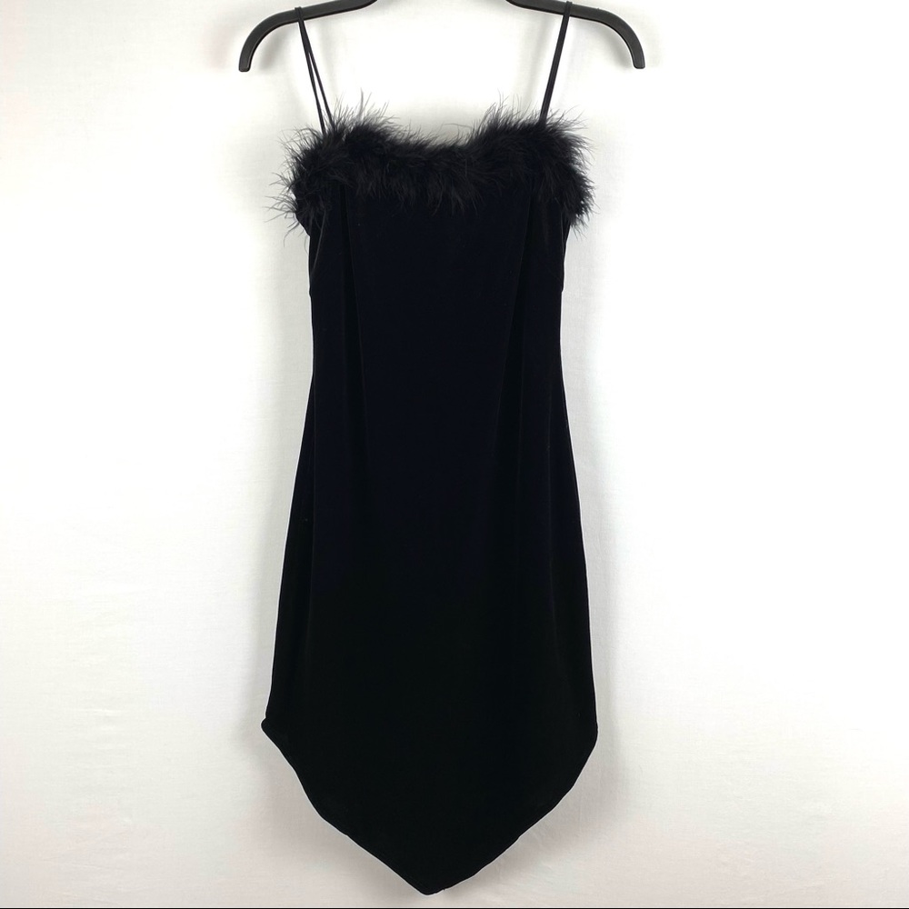 Vintage 90s Y2K Steppin’ Out Velvet Marabou Trim Bodycon Dress EUC